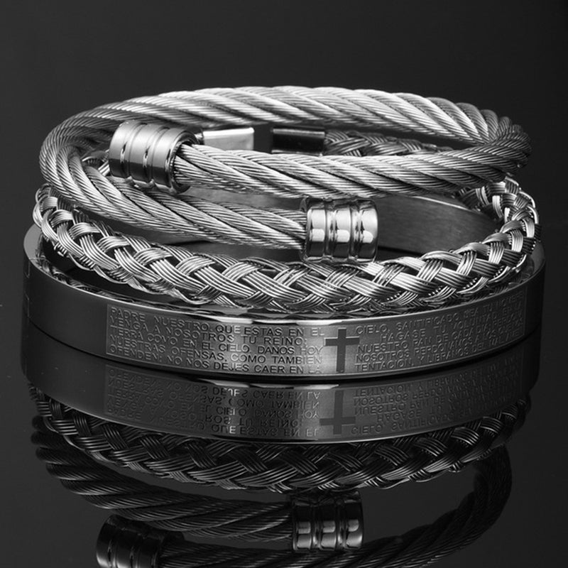 Men's 3-Layer Blue & Grey Braided Leather Bracelet with Stainless Steel